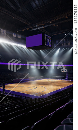 Indoor basketball court with wooden flooring, purple details, and large scoreboard, ready for a professional match in a quiet stadium. 122179315