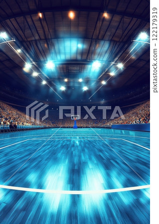 Indoor basketball court illuminated with striking blue lights, surrounded by a packed audience in a grand arena, capturing game intensity. 122179319