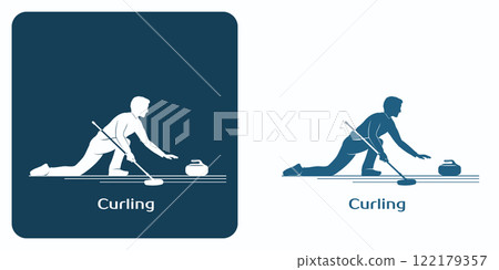 Curling Player Emblem. Curler Throw a Stone on Ice. 122179357