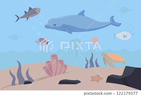 Underwater world Scene with Dolphins, Fish, and Colorful Coral Reefs 122179377