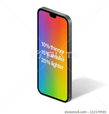 smartphone frameless gray color with colorful screen saver isolated on white background. mockup of realistic and detailed new mobile phone with shadow. vector 3d isometric illustration 122179585