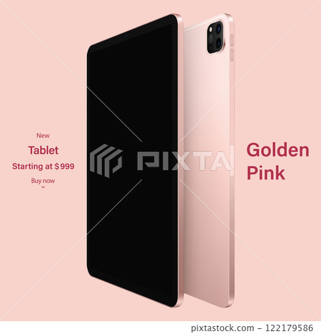tablet pink color with black touch screen saver and backside view isolated on rose background. mockup of realistic and detailed device. vector 3d isometric illustration 122179586