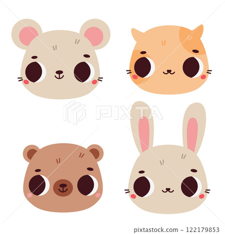 Cute animals faces. Cartoon kawaii mouse, cat, bear and rabbit Cute animals faces. Cartoon kawaii mouse, cat, bear and rabbit 122179853