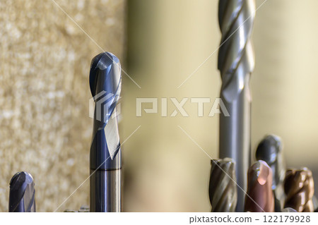 Close-up scene the used ball nose end mill tools. 122179928
