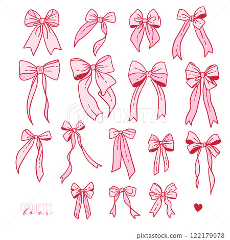 Girly satin Bows tied with silk ribbons set. Festive set of tapes. Holiday decorations for clothing. Isolated cliparts for card, coquette gifts, girls decor, Valentines. Vector contour illustration. Girly satin Bows tied with silk ribbons set. Festive set of tapes. Holiday decorations for clothing. Isolated cliparts for card, coquette gifts, girls decor, Valentines. Vector contour illustration. 122179978