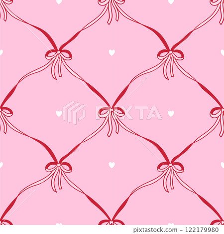 Coquette girly seamless pattern with ribbons and small bows for Valentine's day greeting card, banners, web, wrapping paper, fashion, fabric, textile, wallpaper, cover. Contour vector illustration. Coquette girly seamless pattern with ribbons and small bows for Valentine's day greeting card, banners, web, wrapping paper, fashion, fabric, textile, wallpaper, cover. Contour vector illustration. 122179980