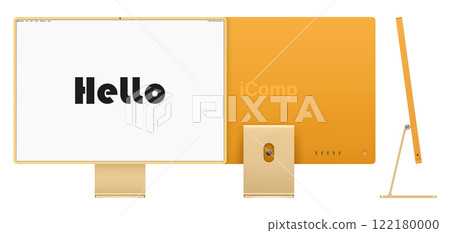 computer display yellow color with blank screen front, back and side view isolated on white background. realistic and detailed mockup of monitor for system unit. vector illustration computer display yellow color with blank screen front, back and side view isolated on white background. realistic and detailed mockup of monitor for system unit. vector illustration 122180000