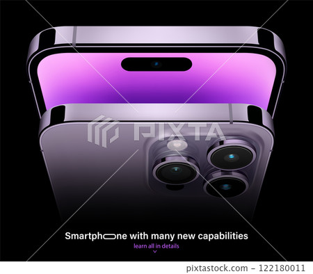 new frameless smartphone purple color with colored screen saver top view isolated on black background. mockup of realistic mobile phone with shadow. vector 3d isometric illustration 122180011
