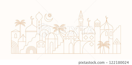 Ramadan Kareem background in line art style. Modern Islamic greeting card template and wallpaper 122180024