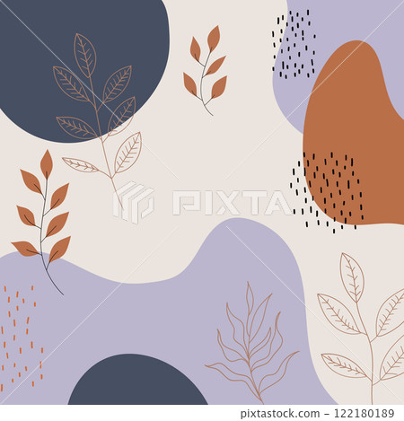 Vector illustration. A combination of figures in beige, blue and brown colors, with details of floral ornament in the form of leaves, which adds natural charm. 122180189