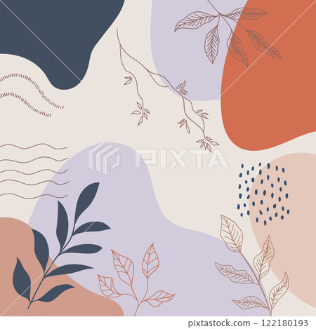 Vector illustration. Minimalistic design with curved shapes and contoured leaf accents. Pastel colors add peace. Vector illustration. Minimalistic design with curved shapes and contoured leaf accents. Pastel colors add peace. 122180193
