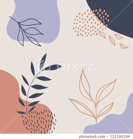 Vector illustration. Abstract design with large curved shapes in shades of blue, orange and cream with plant details. 122180194