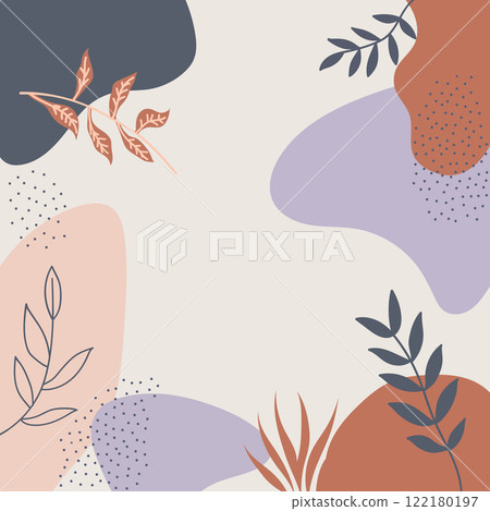 Vector illustration. Abstract composition with warm and cold colors, among which blue, cream, orange prevail. Leaf contours add natural aesthetics. 122180197