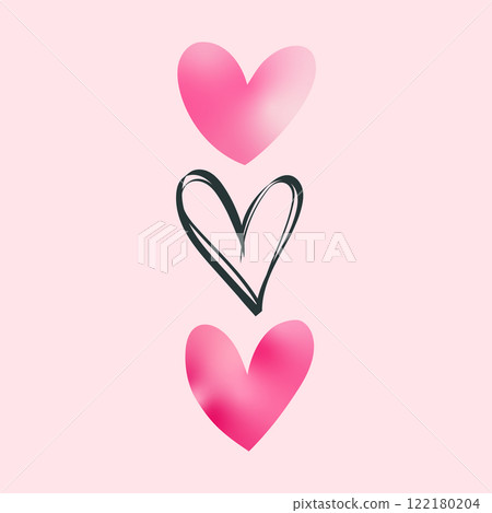 Vector illustration. Three voluminous pink hearts on a pastel pink background, with the bottom heart outlined. Vector illustration. Three voluminous pink hearts on a pastel pink background, with the bottom heart outlined. 122180204