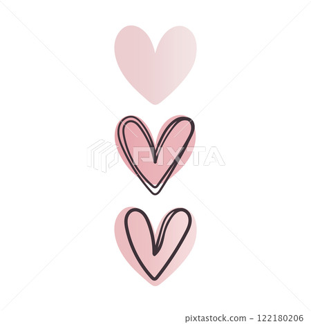 Vector illustration. Three pink hearts in a vertical position on a light background, two with a circled outline, gradual decrease in color intensity. 122180206