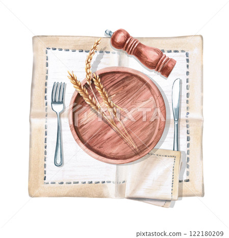 Serving set with wooden plate, spice mill and wheat ears. Isolated watercolor illustration for restaurant menu design, gastronomic magazines, posters, festival flyers. Serving set with wooden plate, spice mill and wheat ears. Isolated watercolor illustration for restaurant menu design, gastronomic magazines, posters, festival flyers. 122180209
