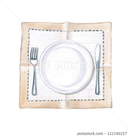 Serving set with napkin, plate and cutlery. Isolated watercolor illustration on breakfast theme for restaurant menu design, gastronomic magazines, posters, festival flyers. 122180257
