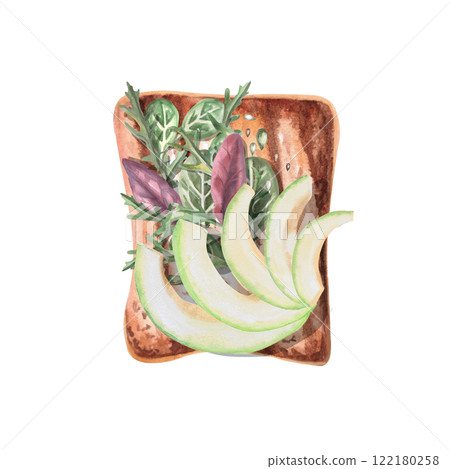 Toast with avocado slices and greens. Isolated watercolor illustration on breakfast theme for restaurant menu design, gastronomic magazines, posters, festival flyers. 122180258