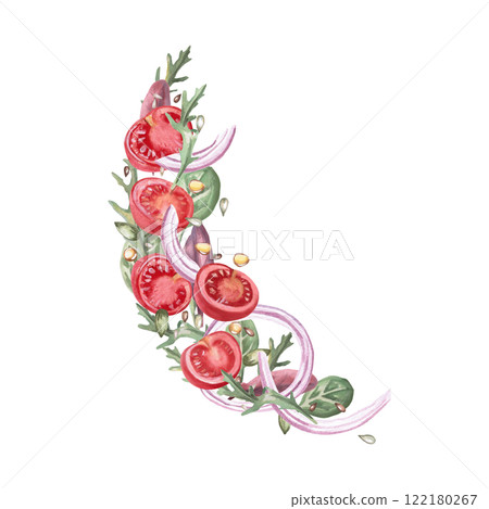 Composition with tomato slices, seeds and greenery. Isolated watercolor illustration on food theme for restaurant menu design, gastronomic magazines, posters, festival flyers. 122180267