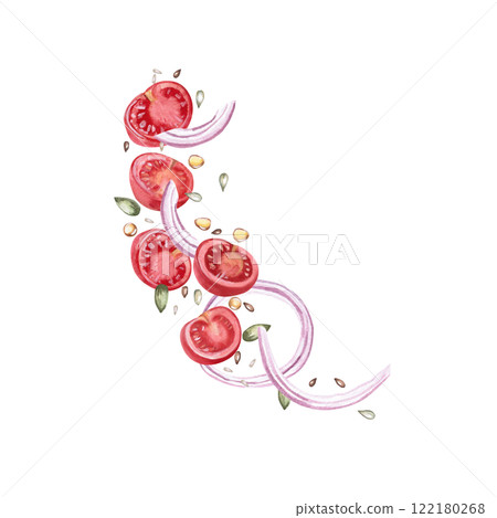 Composition with tomato slices, seeds, oil drops and red onion. Isolated watercolor illustration for restaurant menu design, gastronomic magazines, posters, festival flyers. 122180268