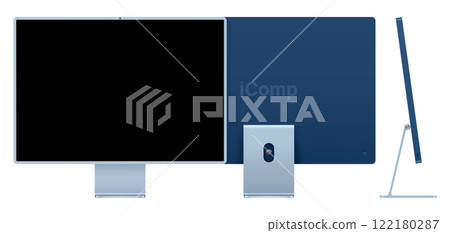 computer display blue color with black screen front, back and side view isolated on white background. realistic and detailed mockup of monitor for system unit. vector illustration 122180287