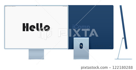 computer display blue color with blank screen front, back and side view isolated on white background. realistic and detailed mockup of monitor for system unit. vector illustration 122180288