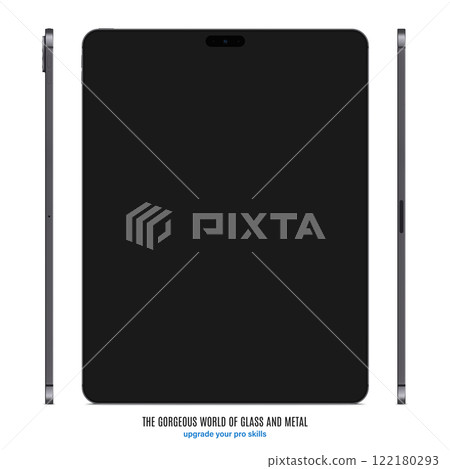 new frameless tablet grey color with black touch screen saver front and side view isolated on white background. mockup of realistic and detailed device with shadow. vector illustration 122180293