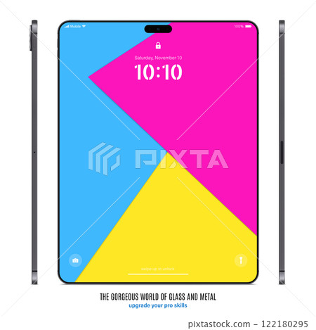 new frameless tablet grey color with colorful touch screen saver front and side view isolated on white background. mockup of realistic and detailed device with shadow. vector illustration 122180295