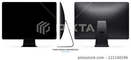 new computer monitor dark gray color with black screen front, back and side view isolated on white background. realistic and detailed mockup of display for system unit. vector illustration 122180296