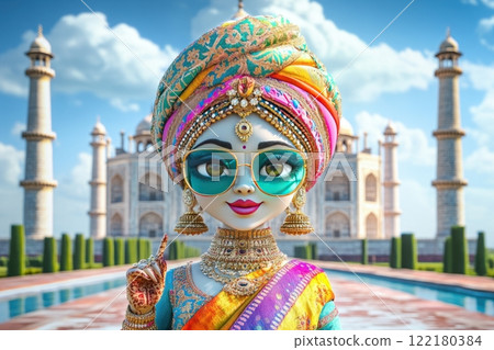 A woman in a yellow sari poses in front of the temple A woman in a yellow sari poses in front of the temple 122180384