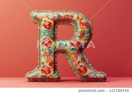 The letter R is made of flowers and has a gold finish The letter R is made of flowers and has a gold finish 122180438