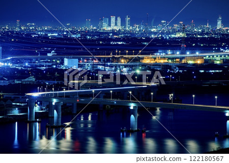 Night view of the buildings of Yokkaichi City, Inaba Port Line and Nagoya Station 122180567