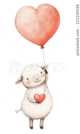 Cute Sheep Holding Heart Balloon Illustration Cute Sheep Holding Heart Balloon Illustration 122180588