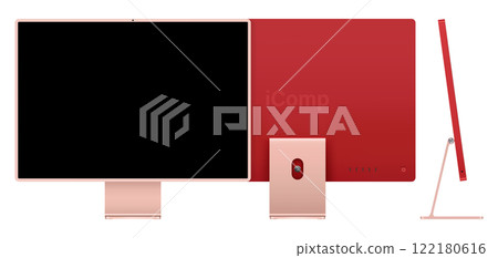 computer display pink color with black screen front, back and side view isolated on white background. realistic and detailed mockup of monitor for system unit. vector illustration 122180616