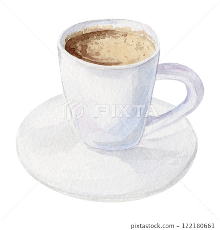 Watercolor illustration of white ceramic cup of espresso coffee inside standing on white saucer 122180661