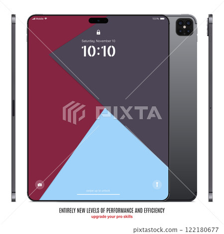 new frameless tablet grey color with colored touch screen saver front, back and side view isolated on white background. mockup of realistic and detailed device with shadow. vector illustration new frameless tablet grey color with colored touch screen saver front, back and side view isolated on white background. mockup of realistic and detailed device with shadow. vector illustration 122180677