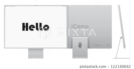 computer display silver color with blank screen front, back and side view isolated on white background. realistic and detailed mockup of monitor for system unit. vector illustration 122180682