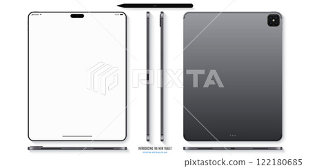 new frameless tablet gray color with blank screen and stylus top view isolated on white background. flat lay mockup of realistic device with shadow front, back and side view. vector illustration 122180685