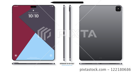 new frameless tablet gray color with colorful screen and stylus top view isolated on white background. flat lay mockup of realistic device with shadow front, back and side view. vector illustration 122180686