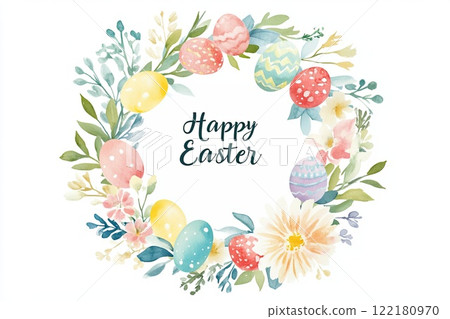 Watercolor style floral wreath with colorful eggs Watercolor style floral wreath with colorful eggs 122180970