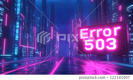 Futuristic cyberpunk cityscape with neon text 122181007