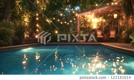 Cozy backyard swimming pool with lush greenery 122181014