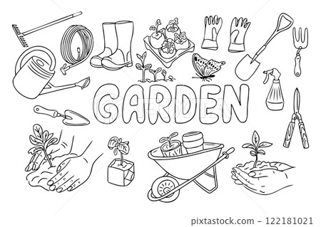 Line art outline illustration of gardening tools 122181021