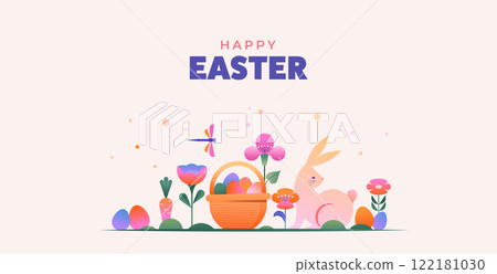 Happy Easter, Modern flat design with flowers, eggs and bunnies, pastel colors Happy Easter, Modern flat design with flowers, eggs and bunnies, pastel colors 122181030