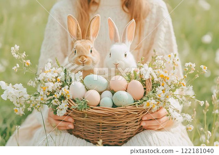 Woman with a rabbit and a basket of Easter eggs 122181040