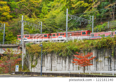Autumn scene of an Abt train passing in front of Nagashima Dam Station in Kawane Town (Shizuoka Prefecture) Autumn scene of an Abt train passing in front of Nagashima Dam Station in Kawane Town (Shizuoka Prefecture) 122181140