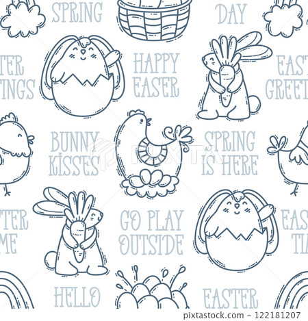 Easter hand drawn engraving doodle and lettering seamless pattern 122181207