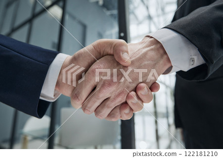 Portrait of elegant businessmen handshaking in conference hall 122181210