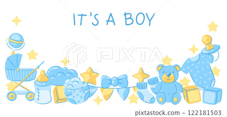 Baby shower greeting card. New born baby boy Happy Birthday. 122181503