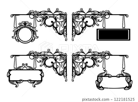 antique style copy space forged sign boards black and white vector design set 122181525